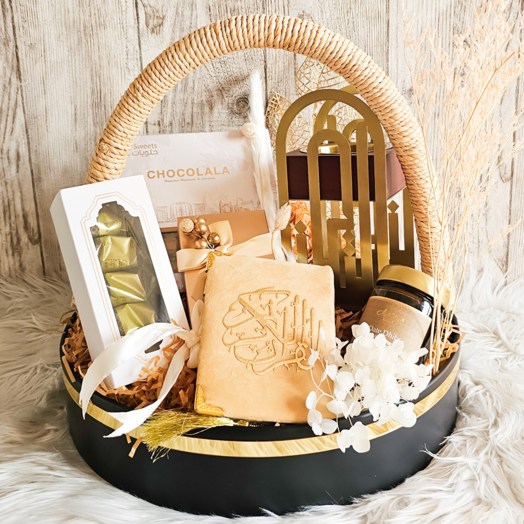 Exquisite premium hamper for Ramadan and Eid celebrations showcasing a selection of traditional sweets and elegant decor.