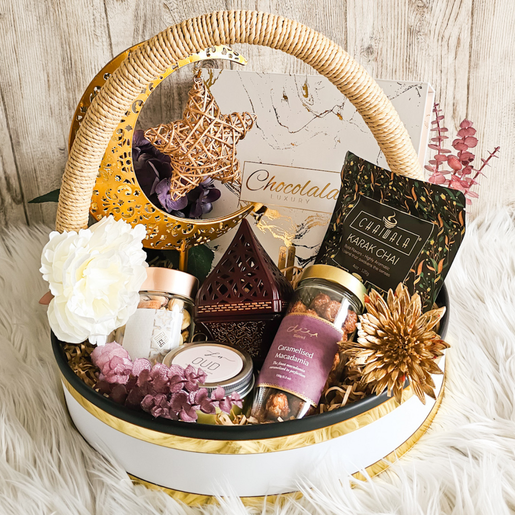 Ramadan Celebration Basket Featuring Chocolala Chocolate Box and Moon Shaped Candle Holder
