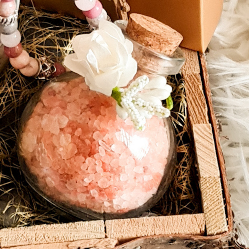 Crystal Oud Bath Salts in Packaging with Himalayan Salt Crystals
